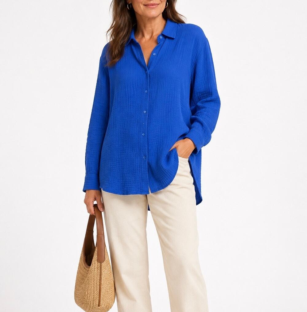 Eileen Fisher Blue 100% Organic Cotton Lofty Gauze Shirt Women’s Size XL